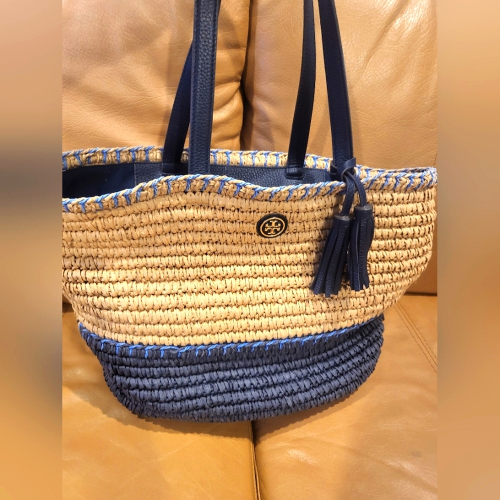 Tory Burch Blue and Tan Woven Tote Bag